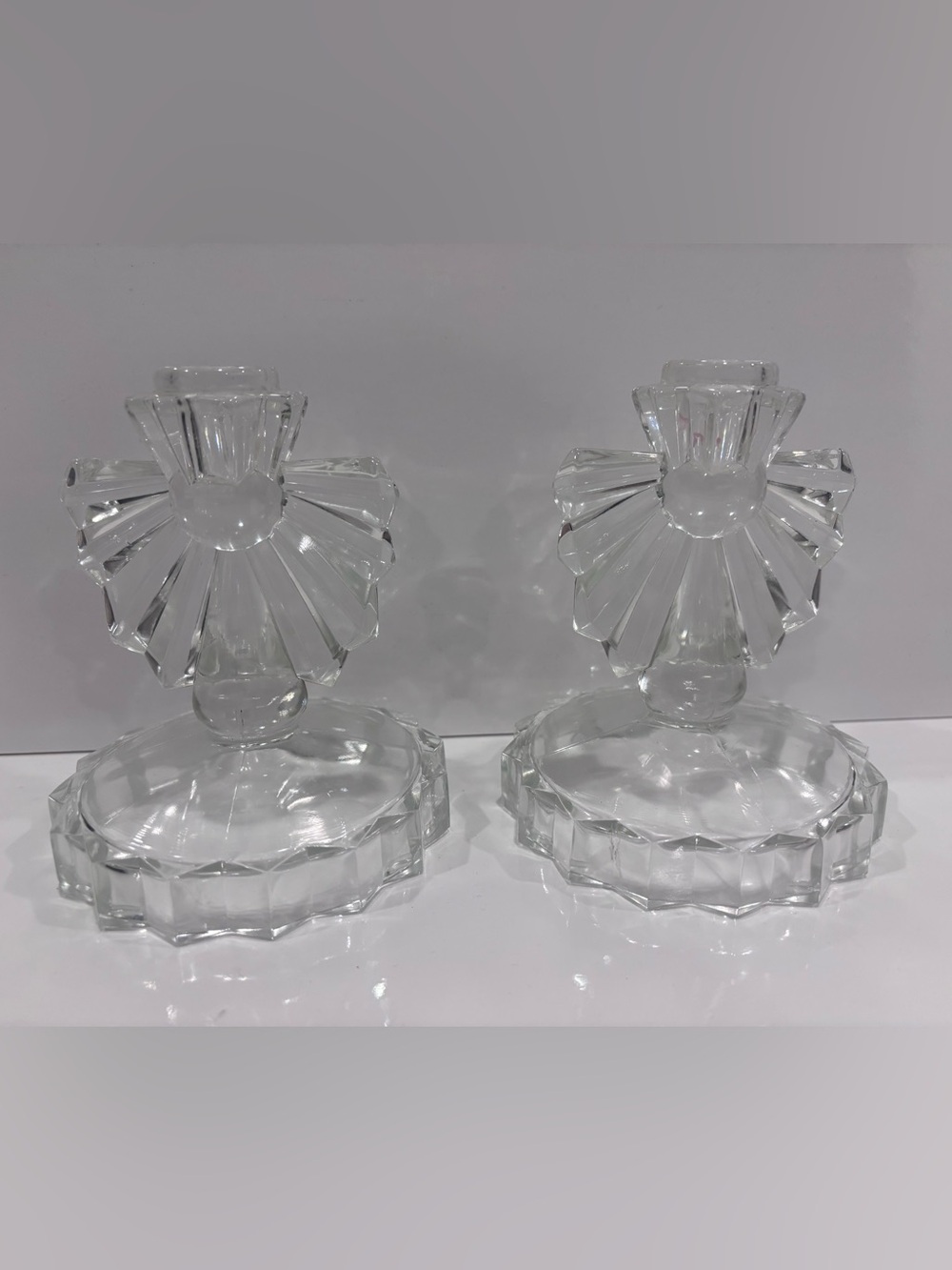 Vintage MCM  Candlestick Holders Pair Clear Art Deco Style
